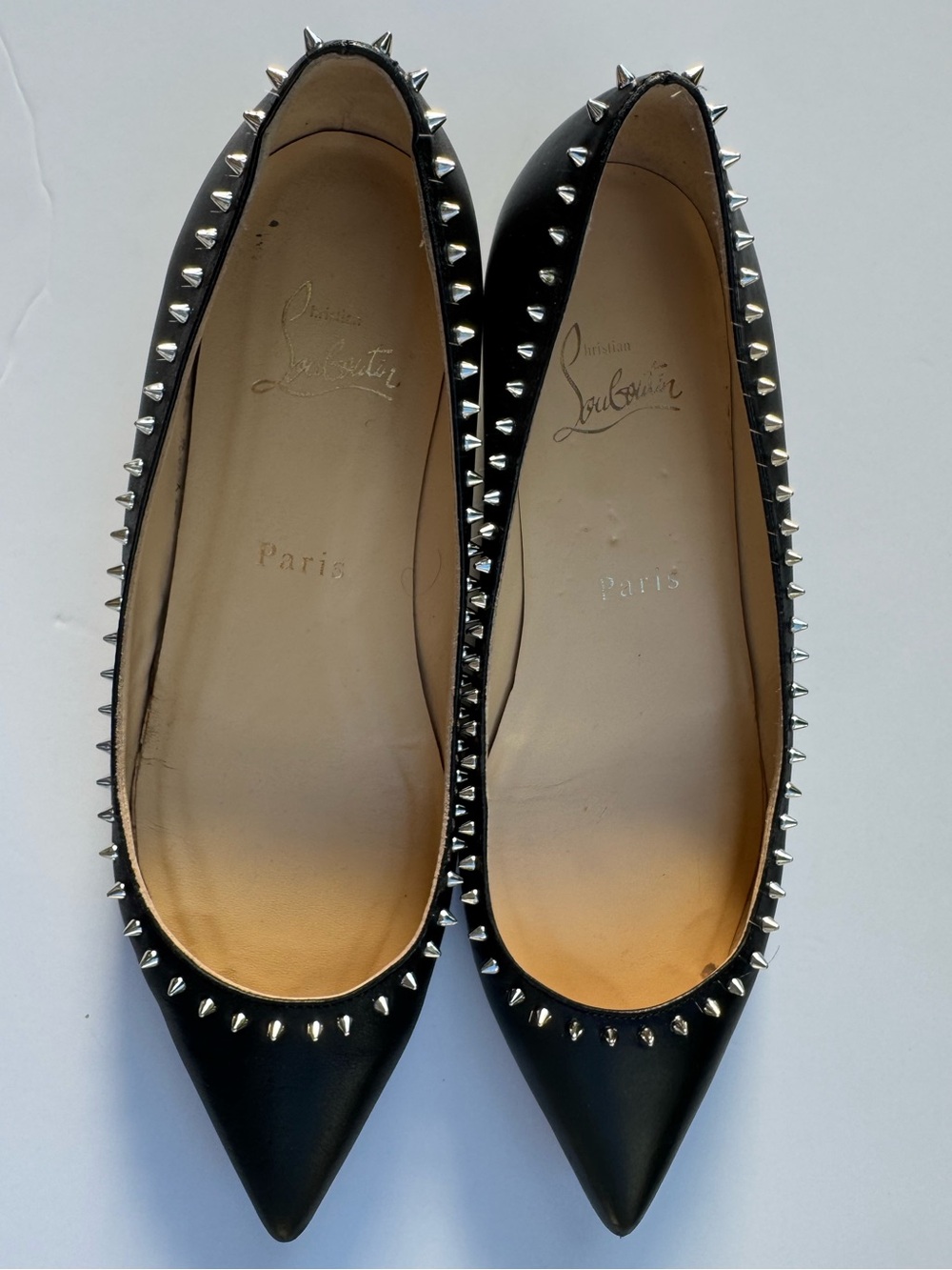 Christian Louboutin Black Leather Spiked Pointed Toe Flats EU 36